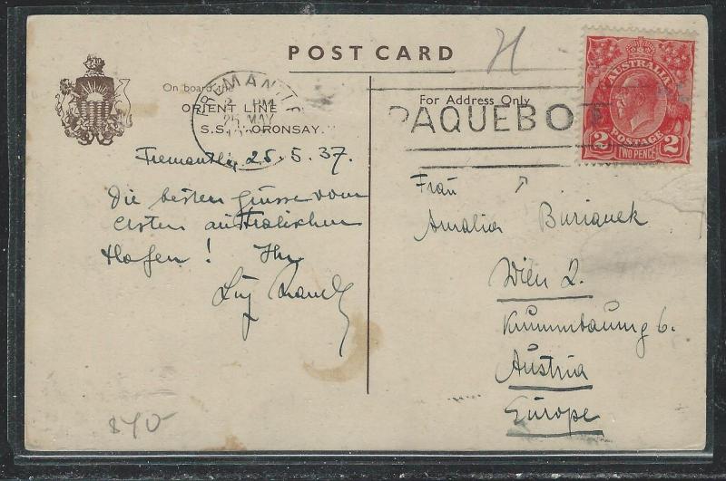 AUSTRALIA (P1806B) 1937 KGV 2D ON SS ORONSAY PPC PAQUEBOT TO AUSTRIA