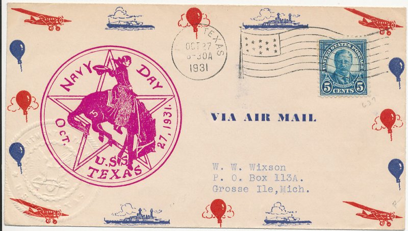 1931 USS Texas Flag Cancel on Navy Day Cachet USS Texas