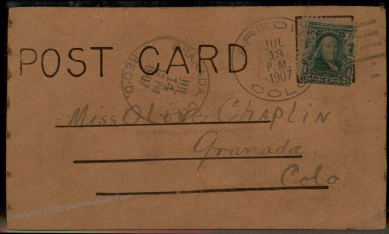 USA 1907 Colorado ARROW DPO Cover Helbock R2 LEATHER Postcard 94254