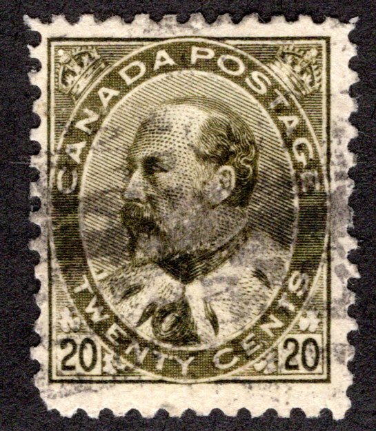 94 Scott - 20c olive green,F, Used, 1904, King Edward VII, Canada Postage Stam