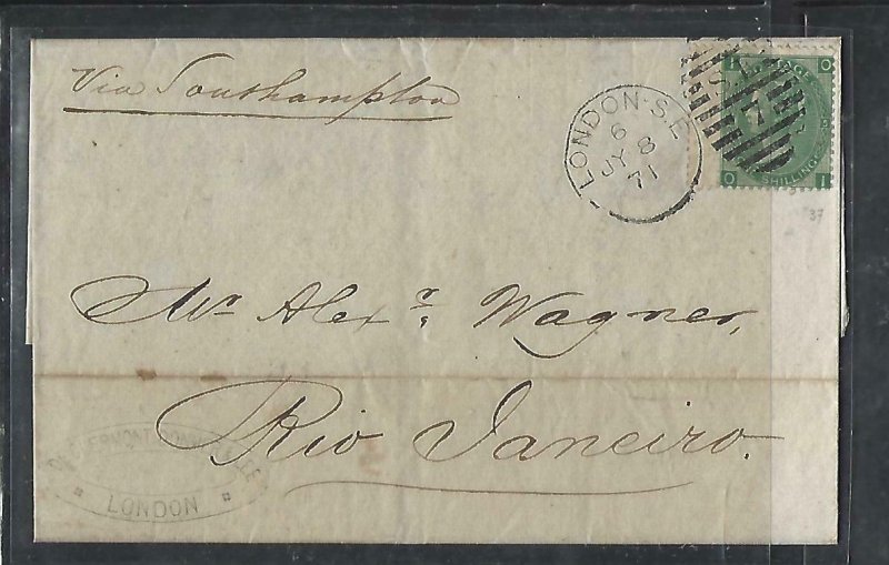 BRAZIL  COVER  (PP2909BB) 1871 GB QV 1/- PL 5 INCOMING TO RIO, ARRIVAL B/S