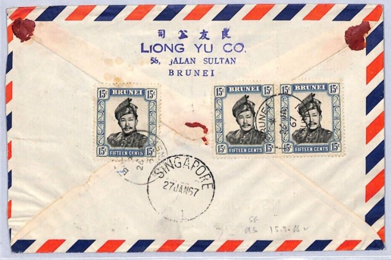 BRUNEI Air Mail Cover *REGISTERED No.* HANDSTAMP 1967 Sultan 45c Rate YC259