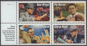 1997 Football Coaches Plate Block Of 4 32c Postage Stamps, Sc#3143-3146, MNH, OG