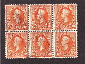 US 229 90c Perry Used Block of 6 VF-XF w/ 'REG' Cancels SCV $1,200