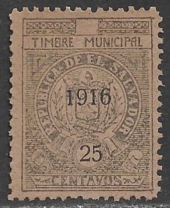 EL SALVADOR 1916 25c ARMS Municipal Revenue Ross M191 MNGAI