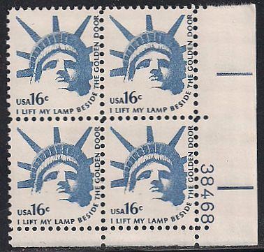 US 1599 MNH PB - Plate #38468 LR - 16¢ Americana - Statue of Liberty