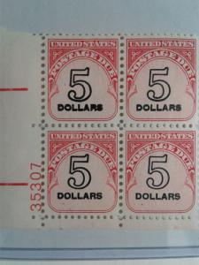 SCOTT # J-101 EFO  $ 5.00 U.S POSTAGE DUE PLATE BLOCK WITH OVERPRINT SCHMEAR !!