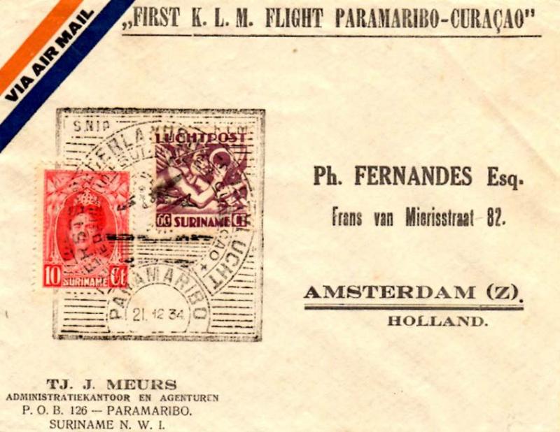 Suriname 10c Wilhelmina and 60c Allegory of Flight 1934 Paramaribo Illustrate...