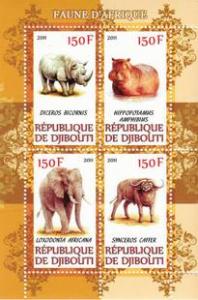 Djibouti 2011 Rhinocero Hippopotamus Elephant Animals Stamps