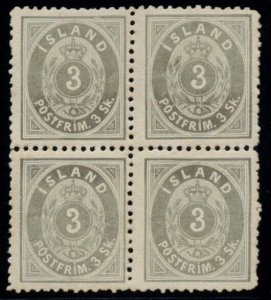 ICELAND #5 (5), 3sk gray, og, NH, Block of 4, Very Rare Multiple, Facit $6,510