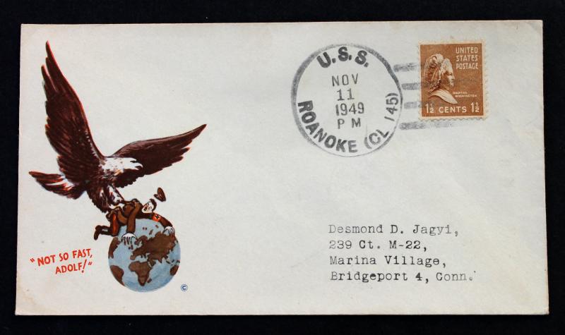 NOT SO FAST ADOLF WW2 U.S. PATRIOTIC CACHET USS ROANOKE COVER With Sc# 805. 