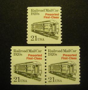 Transportation Coils III, Scott 2265, 21c Railroad Mailcar, Pair & single, MNH