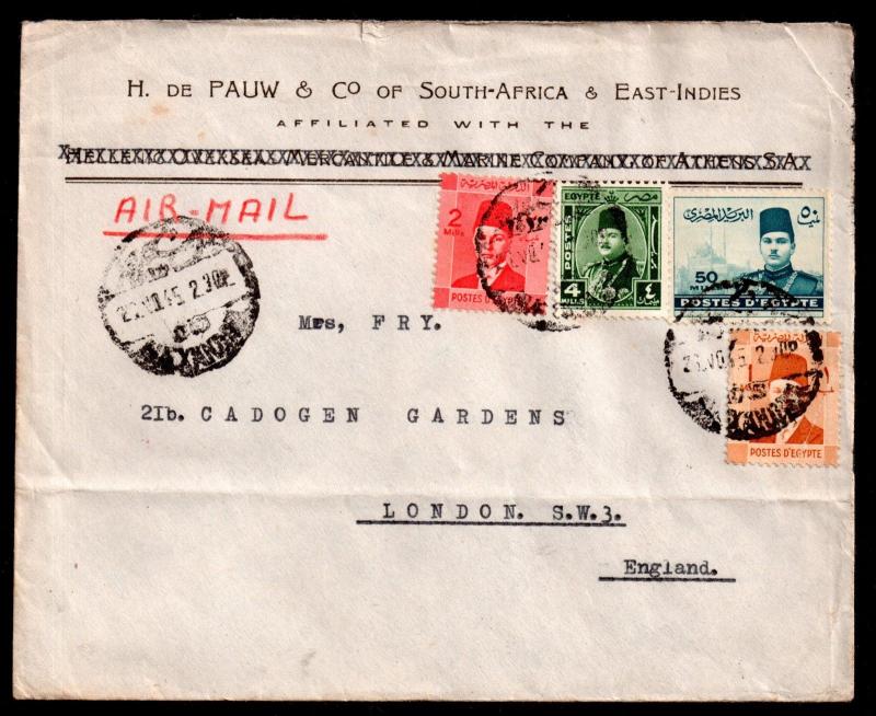 Egypt 1945 Airmail commercial cover Alexandria to London WS9581