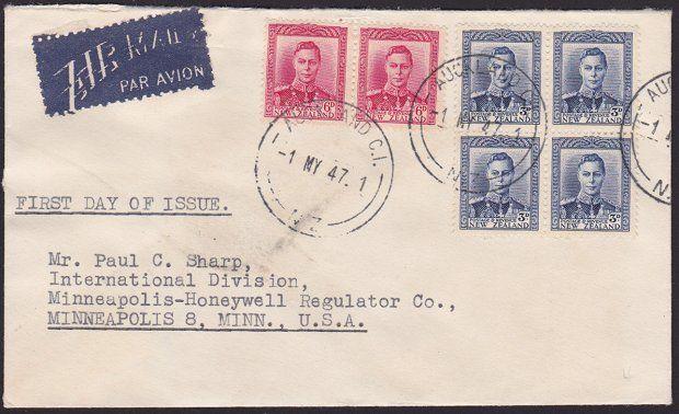 NEW ZEALAND 1947 GV 3d block of 4 & pair 6d on FDC to USA..................5497