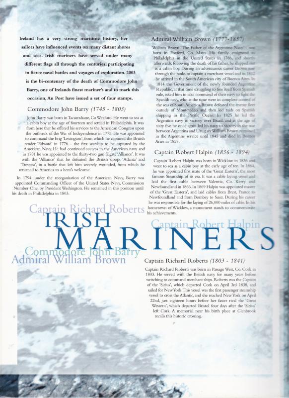 Ireland 2003 Irish Mariners Book  XF  Sheet + FDC  Limited Production