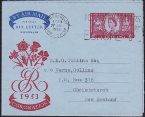 GB 1953 Coronation 6d aerogramme commercially used to New Zealand..........B3189