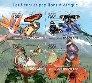 TOGO - 2011 - Butterflies & Flowers - Perf 4v Sheet - Mint Never Hinged