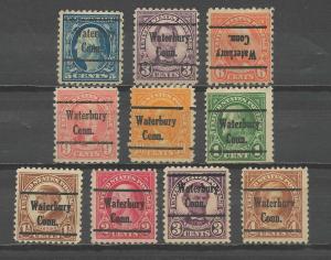 30 Waterbury Conn Precancels on Vintage U.S. Stamps, Hinged