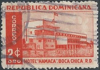 Dominican Republic 439 (used) 2c Hotel Hamaca, red org & sal (1952)