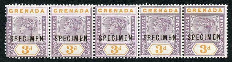 GRENADA SG52s 1895-99 3d opt SPECIMEN Strip of five inc Variety Broken M