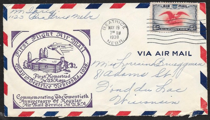 UNITED STATES First Flight Cover Air Mail Week 1938 Beatrice