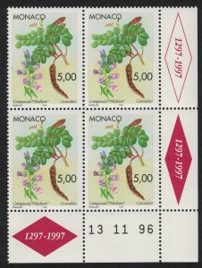 Monaco Giant Bellflower and Carob Pods Corner Block of 4 Date 1996 MNH