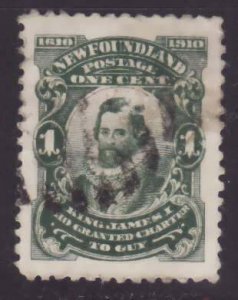 Newfoundland-Sc#87a- id21-used 1c King James I -perf 12x12-1910-