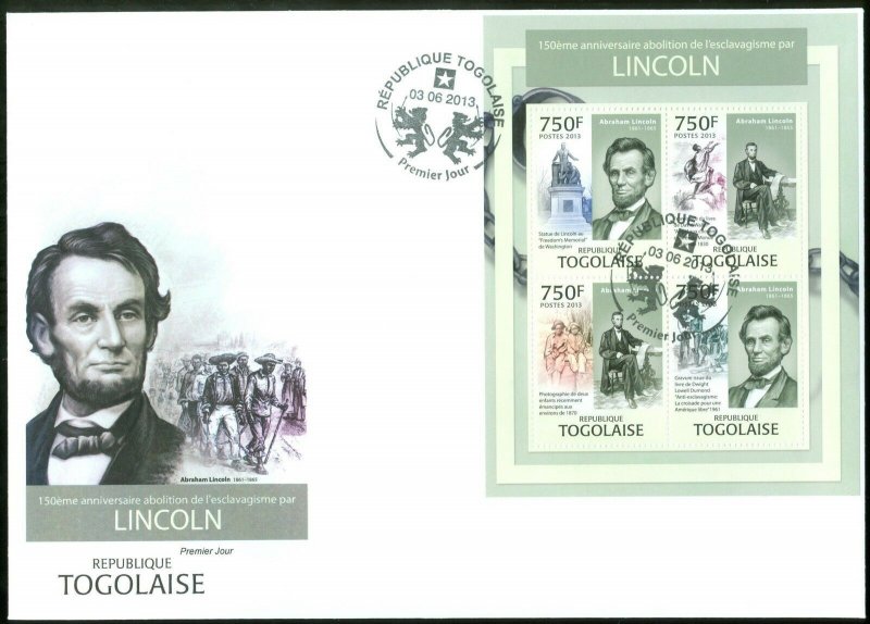 TOGO 2013 LINCOLN 150TH ANNIVERSARY EMANCIPATION PROCLAMATION SHEET OF 4 FDC