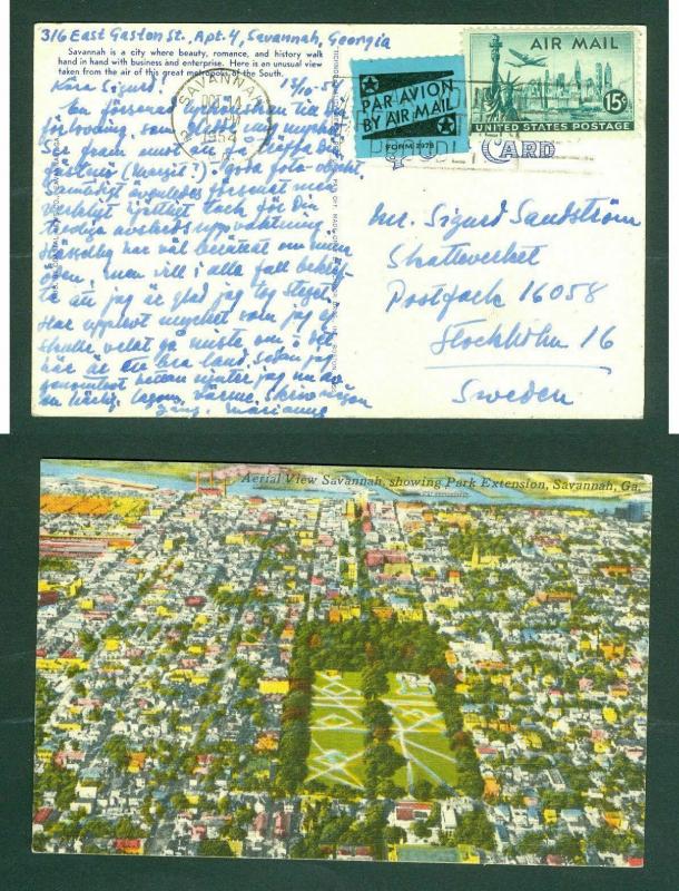 USA Postcard 1954. Aerial View Savannah. 15 C. Statue Liberty. Adr: Sweden