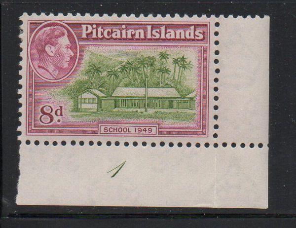 Pitcairn Islands Sc 6A 1951 8d Schoolhouse & G VI stamp mint plate number