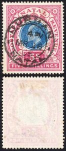 Natal SG140 5/- Postage Revenue Cat 15 pounds 28 March 1903 Durban  Pmk