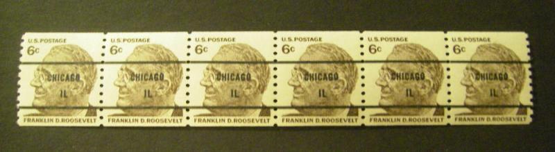 Scott 1305b, 6c precancel Roosevelt, MNH Strip of 6, CHICAGO