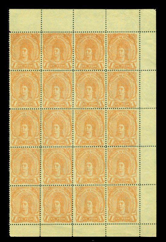 GUATEMALA 1878 Indian Woman 1p orange Sc# 14 mint NH block of 20 SZEKULA Forgery