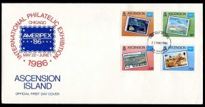 Ascension 394-397 FDC.Michel 403-406. AMERIPEX-1986.Stamp on stamp.Space,Ship,