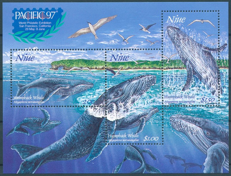 Niue 1997 MNH Whales Stamps Humpback Whale Pacific 97 World Philatelic 3v M/S 