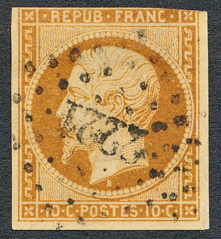 FRANCE 10 USED, 10c BISTRE LOUIS NAPOLEAN,CLEAN 3 1/2 MARGIN