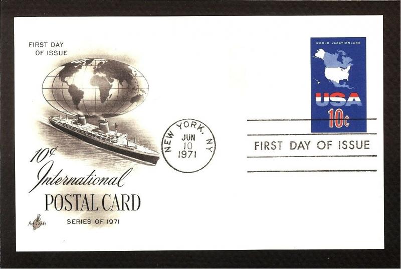 FIRST DAY COVER #UX59 Map of the US 10c Intl POST CARD ARTCRAFT FDC U/A 1971