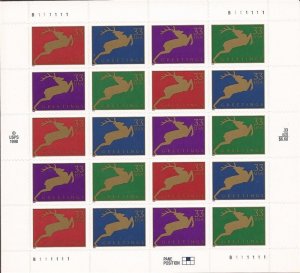 US Stamp - 1999 Christmas Reindeer - 20 Stamp Sheet - Scott #3356-9