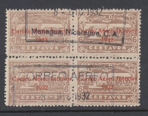 Nicaragua Sc C37 used 1939 6c  Post Office w/ Correo Aereo Interior ovpt, Block