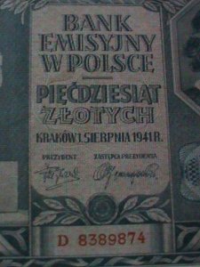 POLAND-1941-GERMAN OCCUPATION NOTE- WW II-50 ZLOTYCH-UNC-VF-83YEARS OLD