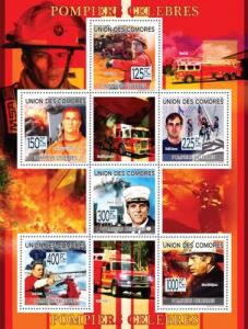 COMORES 2009 SHEET FAMOUS FIREMAN FIREFIGHTER FIRE ENGINES FIRE TRUCKS cm9219a