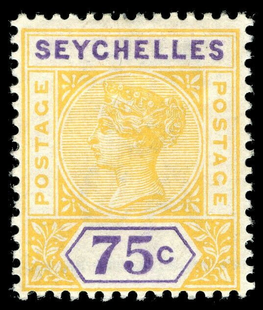 Seychelles 1897 QV 75c yellow & violet very fine mint. SG 33. Sc 17.