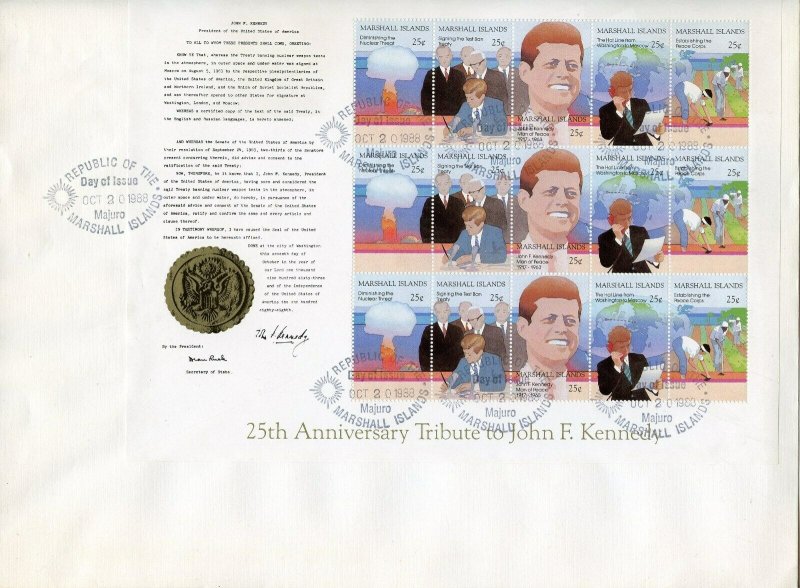 MARSHALL ISLANDS 1988 25th ANN TRIBUTE TO JOHN F. KENNEDY SHEET FIRST DAY COVER  