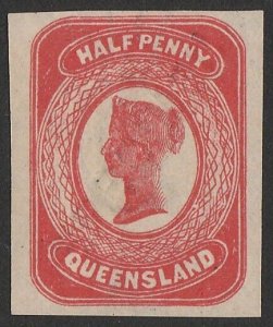 QUEENSLAND 1878 QV ½d, imperf ESSAY SPECIMEN. Very rare.