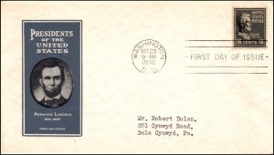 Scott 821 16 Cents Lincoln Ioor FDC Typed Address Planty 821-1