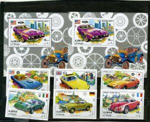 AJMAN 1971 OLD SPORT CARS SET OF 6 STAMPS IMPERF. & 2 S/S PERF. & IMPERF. MNH