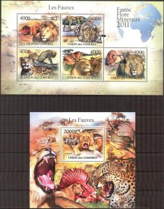 Comoro Islands 2011 Wild Cats Lions Panther Sheet + S/S MNH