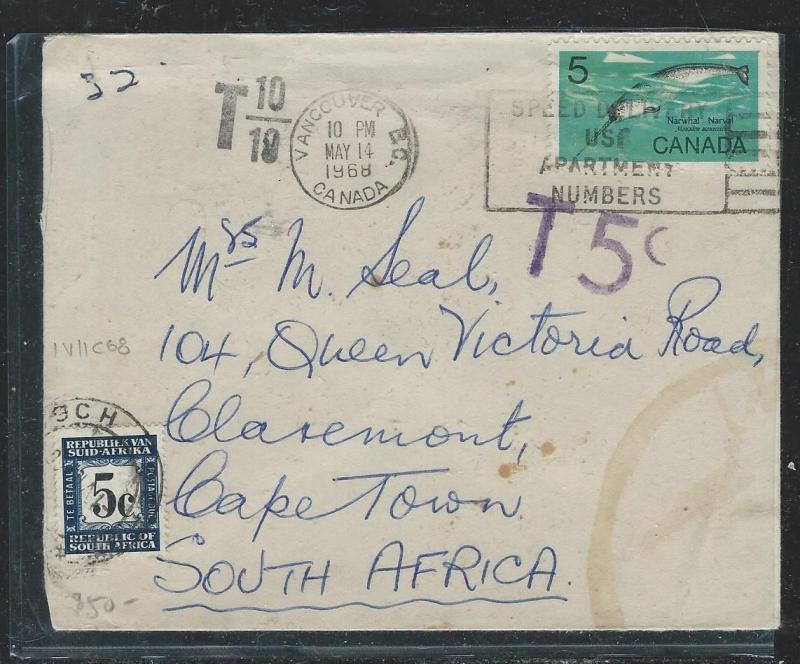 SOUTH AFRICA (P0604B) 1968 INCOMING FROM CANADA POSTAGE DUE 5D