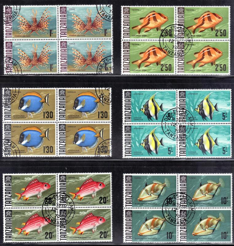 TANZANIA # 28,29,31,32,33.34 CTO NEVER HINGED 1967-71 FISH BLK of 4