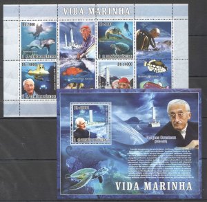 Uu0862 2007 Sao Tome & Principe Fishes Marine Life Cousteau Fauna 1Kb+1Bl Mnh